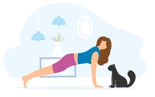 Icon: Girl does exercises in room with cat looking on