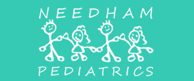 children stick figures on a neon green background between the words needham pediatrics