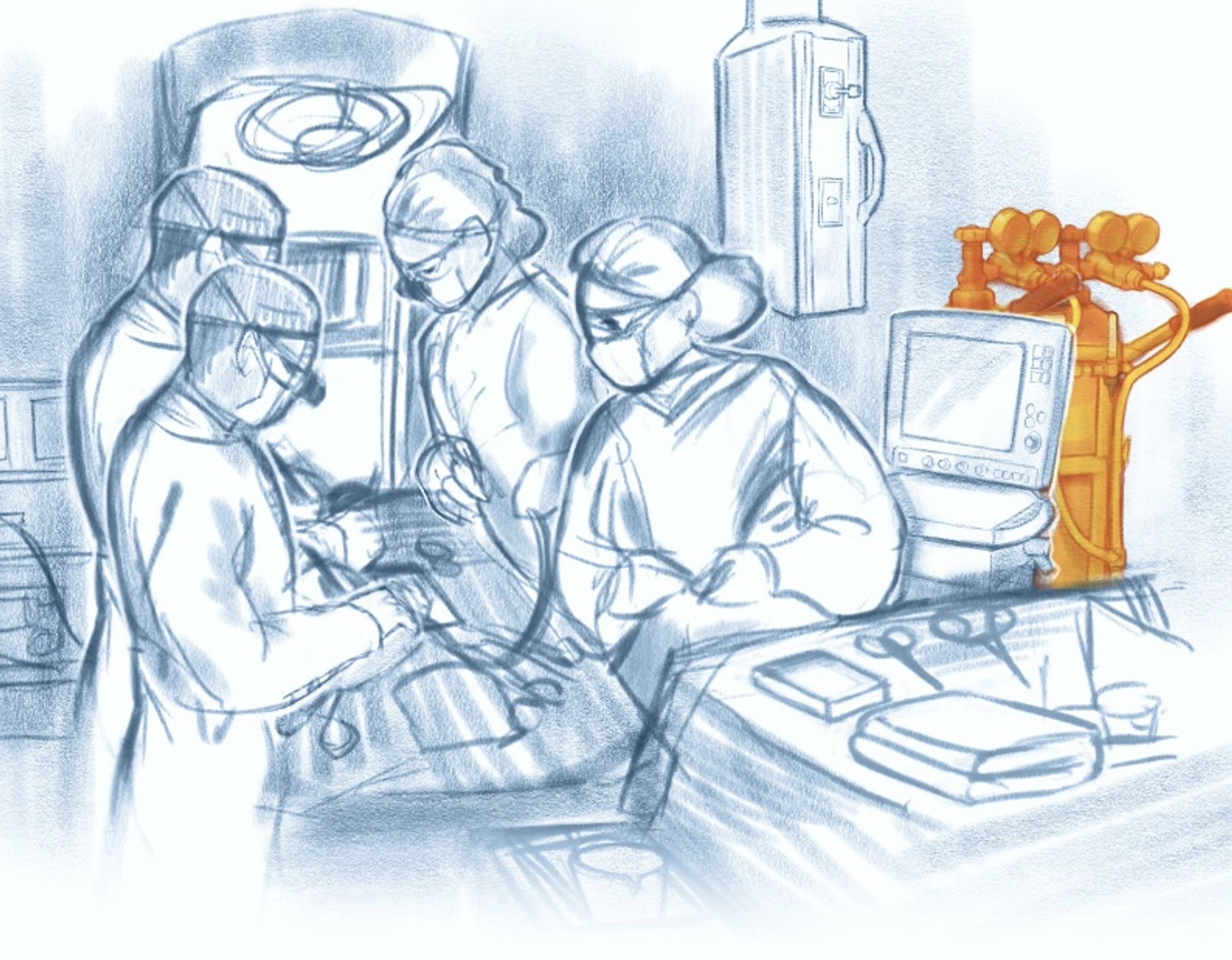 A grey scale illustration of a group of masked doctors standing around an operating table with an orange hydrogen tank in the background.