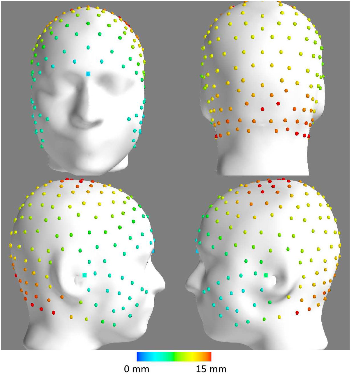 EEG electrodes on four computer generated model heads.