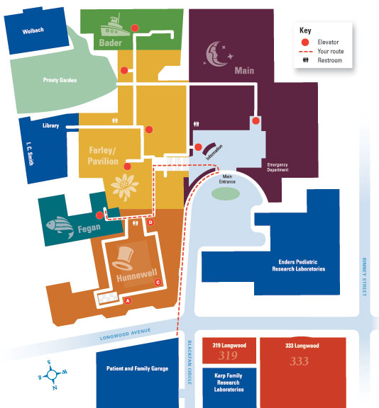 Map showing walking route from Boston Children's Hospital main entrance to Fegan Building.