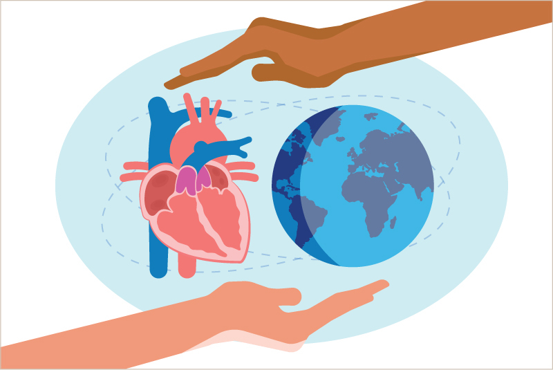 Illustration of two hands holding a heart and a globe
