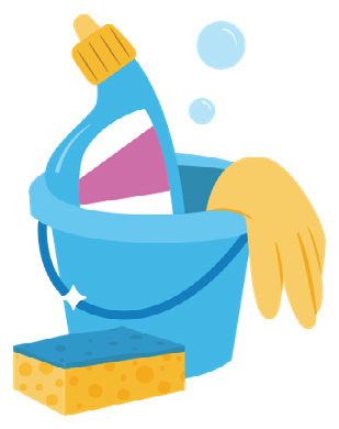 Illustration: Bucket with bottle of heavy duty cleaner, glove and sponge