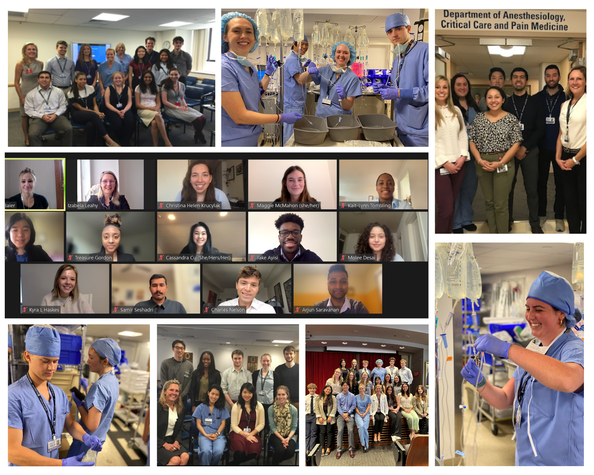 Eight photos of PACaRI interns in a collage format. In the middle is a screenshot of the interns on zoom and surrounding that image is photos of the interns in their scrubs doing different tasks or posing for the camera in groups.