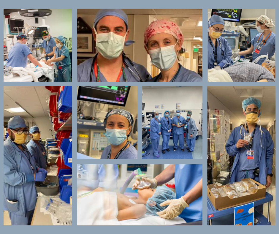 eight images of men and women doctors in blue scrubs and pediatric patients