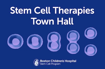 stem cell therapies town hall dark blue graphic with a purple stem cell dividing into 2 in five phases