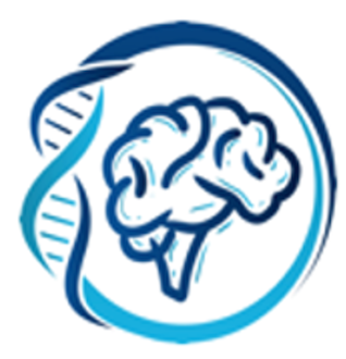 light and dark blue brain illustration in a dark and light blue circle going into a dna strand