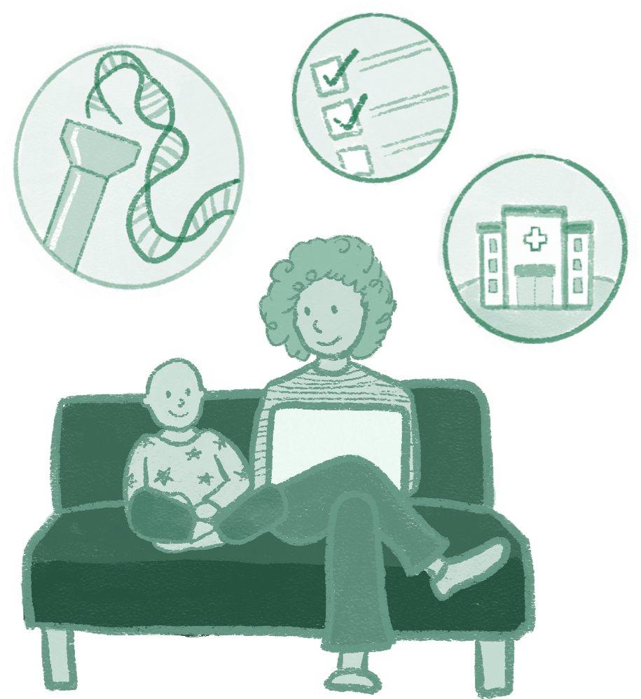 Graphic featuring adult woman and child sitting on sofa with icons of buildings, checklist and flashlight surrounding them.