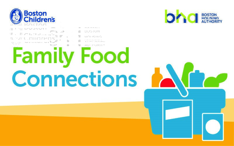Boston Children's, Boston Housing Authority BHA, Family Food Connections, graphic with groceries in bags and a box