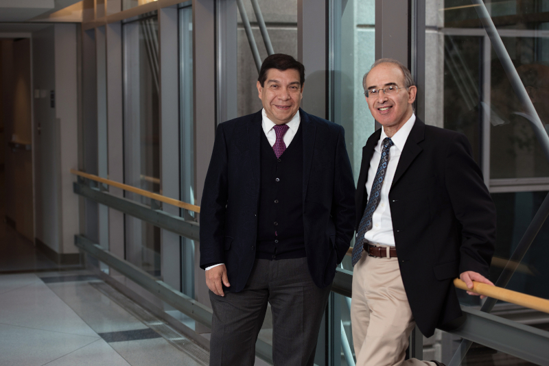 Two men dressed in suits and ties pose for photograph while standing on skybridge