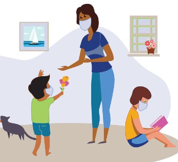 Babysitter playing with children in masks