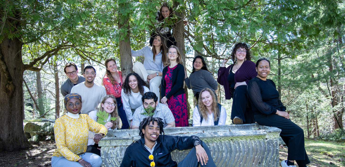 Eleven women and four men outside