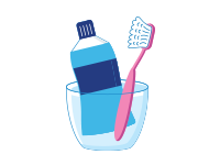 Illustration of glass, with bottle of water and toothbrush inside