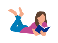 Illustration of girl as she reads book while she lay on the floor