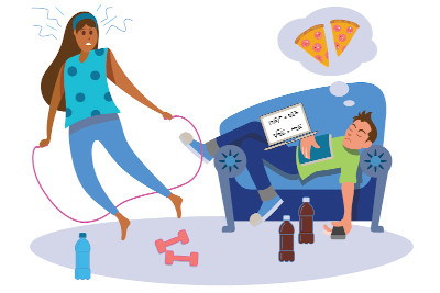 Illustration of mom vacuuming while child lay on couch after eating snacks