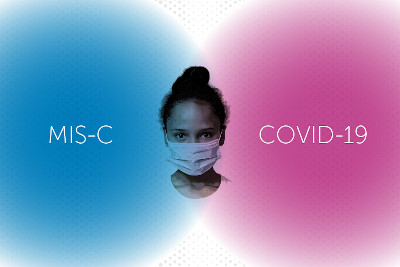 Graphic with child's face along with terms MIS-C, COVID-19