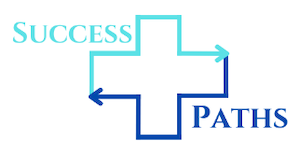 success paths in light and dark blue letters with a blue medical cross in between