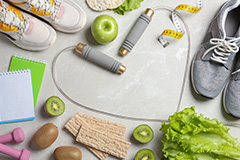healthy foods, shoes and jump rope in shape of heart