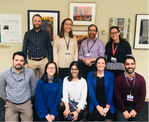 Berde Laboratory in 2018. Top: Dr. Joe Kossowsky, Ms. Dafni Frohman, Professor Charles Berde, Dr. Carolina Donado.  Bottom:  Dr. Duncan Hodkinson, Ms. Alice Tao, Ms. Kimberly Lobo, <em>Dr. Laura Cornelissen, Dr. David Soffer