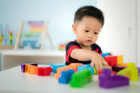 Boy plays with toy blocks