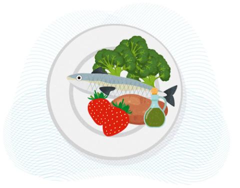 Fish, fruit, and vegetables on a plate