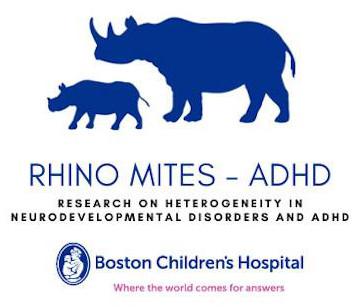 Rhino Mites ADHD logo. A large rhino with a small rhino in front.