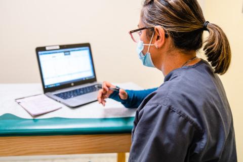 a medical woman at a laptop wearing a mask