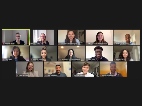 fourteen men and women on zoom video call