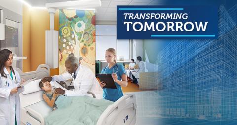 Illustration: Transforming tomorrow. Clinicians care for patient in hospital bed.
