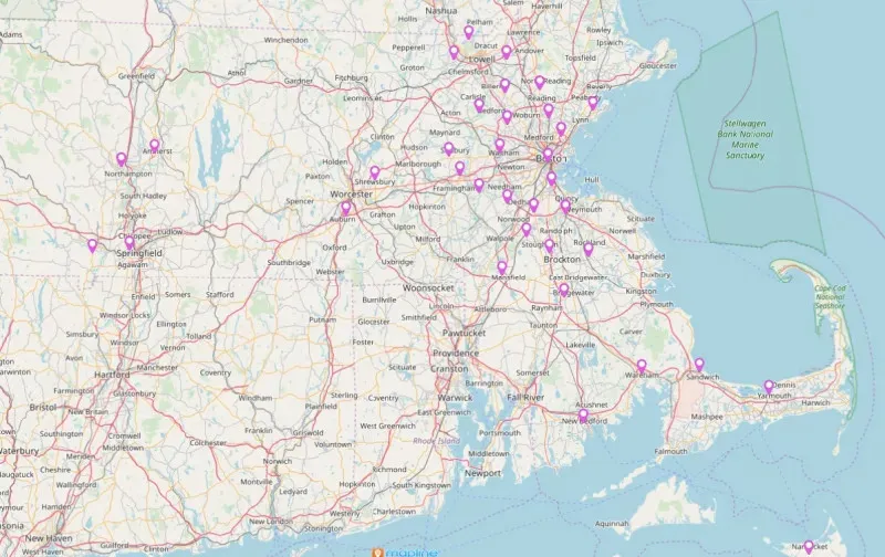 a map of massachusetts with alliance pediatric practice locations