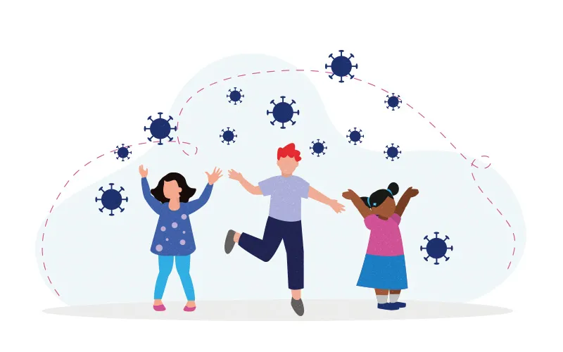 Illustration: 3 children of varying ages dance in front of a background of spiked bubbles