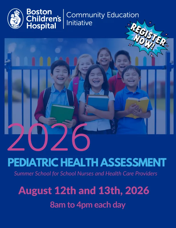 group of diverse children holding notebooks and carrying backpacks -register for the 2 day Pediatric Health Assessment August 12th and 13th 2026 8am to 4pm daily