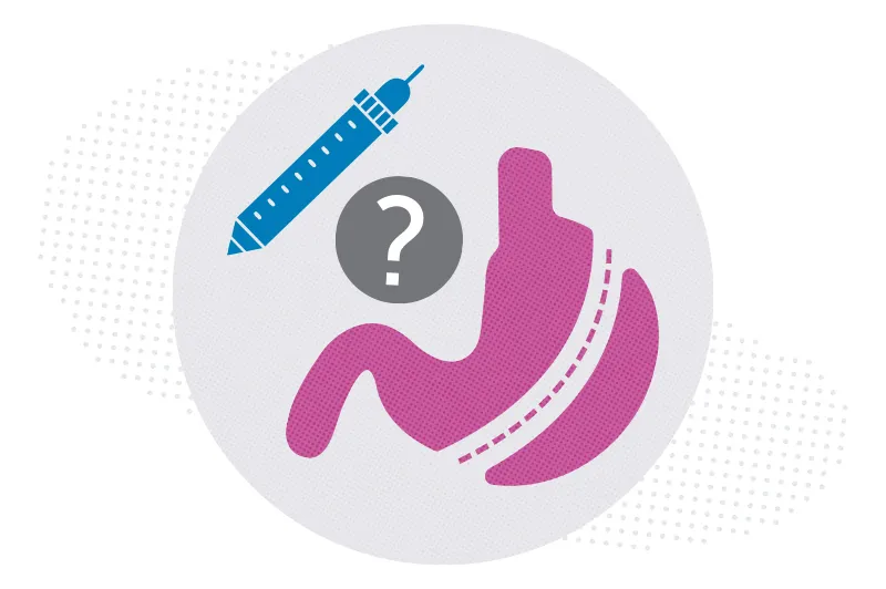 Illustration of a syringe, a pancreas, and a question mark