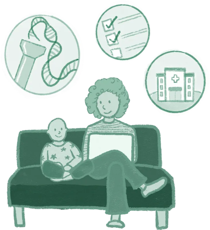 Graphic featuring adult woman and child sitting on sofa with icons of buildings, checklist and flashlight surrounding them.