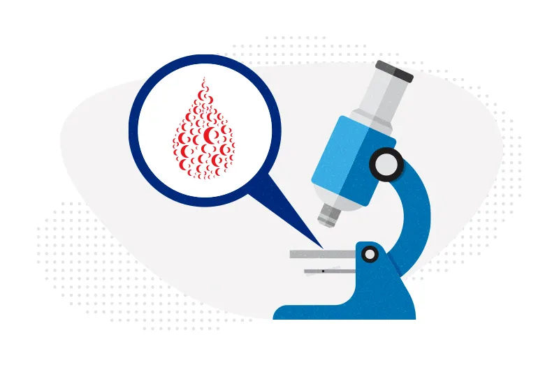 A microscope looking at a drop of blood made of sickled red blood cells.