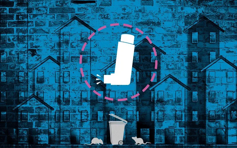 Illustration: Image of an inhaler against a blue background featuring sketches of homes