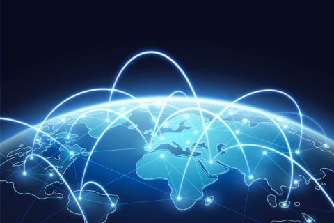An image of the top part of the globe with light blue lines bouncing from one country to another.